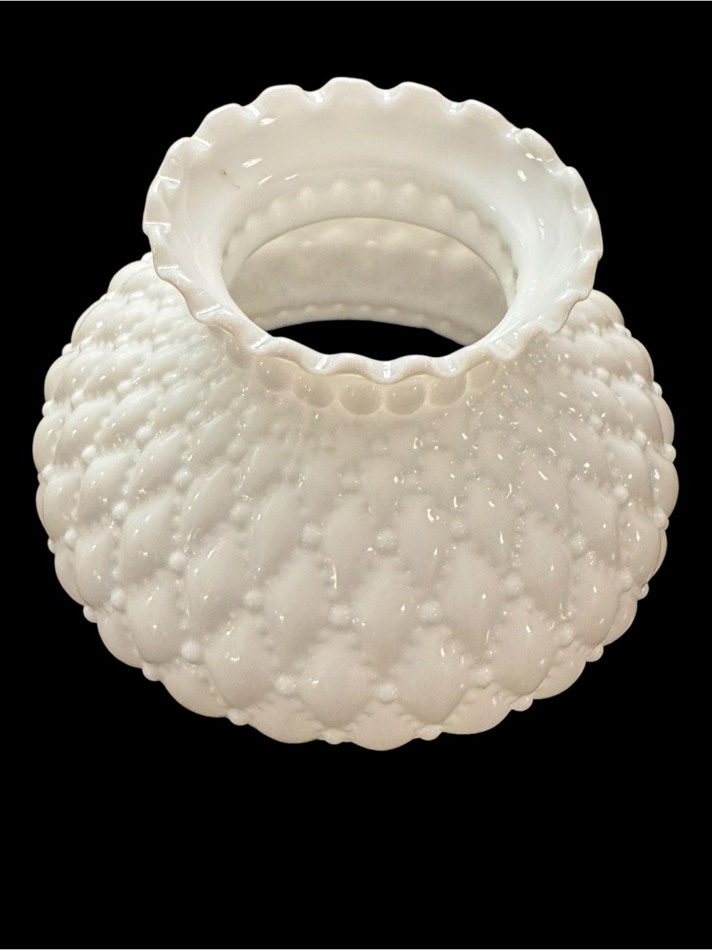 Vintage White Milk Glass Diamond Quilted Ruffle Hurricane Lamp Shade - Picture 2 of 7